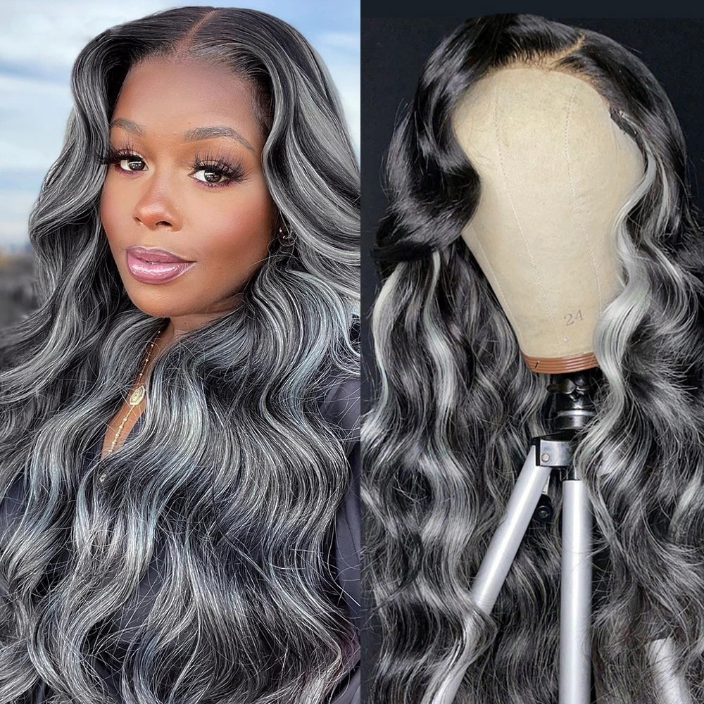 12A Grade Raw Silver Grey Ombre Human Hair Wig Highlight Body Wave Wigs