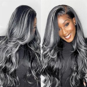 12A Grade Raw Silver Grey Ombre Human Hair Wig Highlight Body Wave Wigs