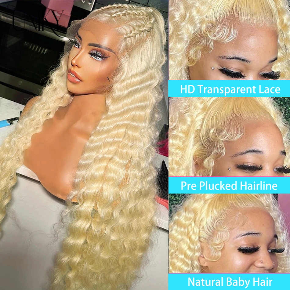 Glueless Deep Wave Blonde 613 Transparent HD Full Lace Front Virgin Human Hair Wigs - Deep wave - 1