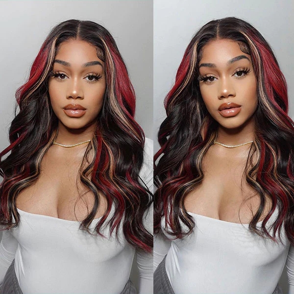 Burgundy Hair With Blonde Highlights 13×4 HD Transparent Lace Front Wigs