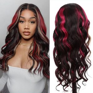 Burgundy Hair With Blonde Highlights 13×4 HD Transparent Lace Front Wigs