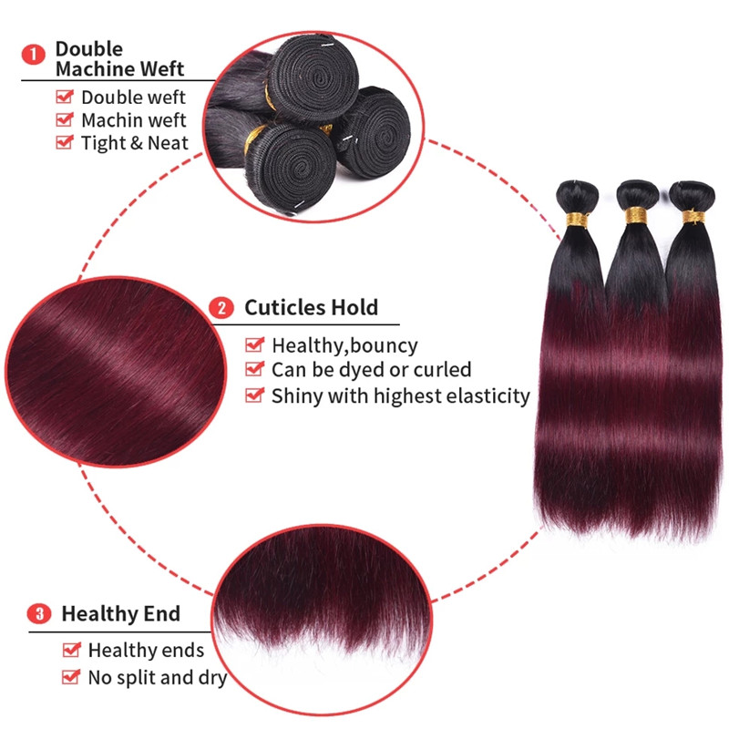 12A Original Human Hair 1b99j Straight Bundles Natural Hair Extensions - Colored Closure & Bundle - 1