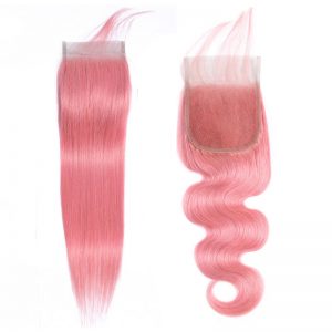 4×4 Transparent Lace Closure Pink Straight Human Hair