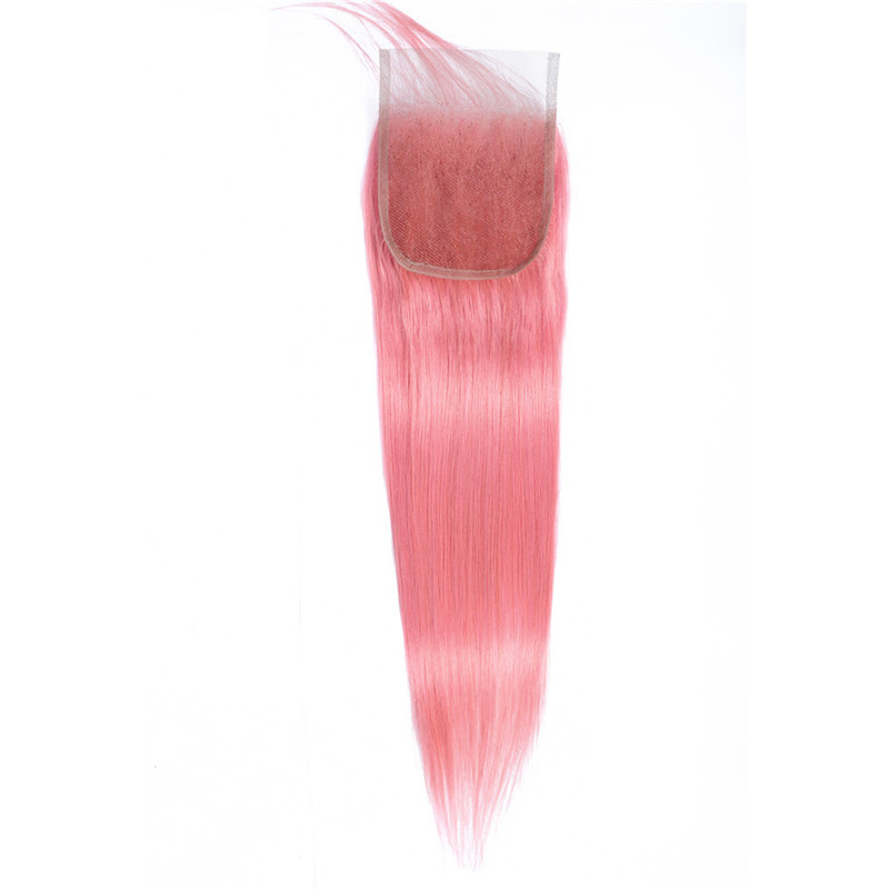 4×4 Transparent Lace Closure Pink Straight Human Hair